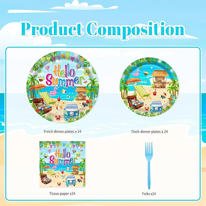 96 Pcs Hello Summer Party Decorations Summer Beach Paper Plates and