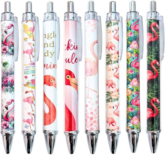 8PC Flamingo Pens Cute Floral Tropical Summer Beach Whimsical Funny