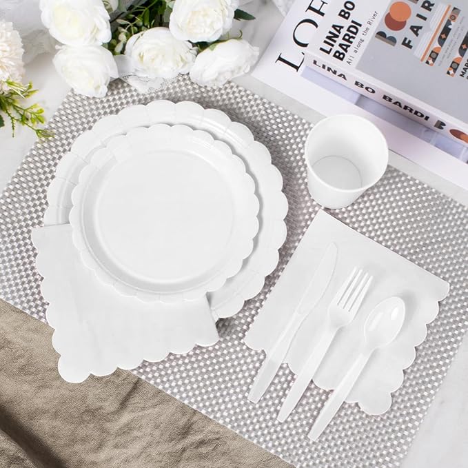 Vyntra 175 Pcs White Disposable Paper Plates and Napkins Set for 25,