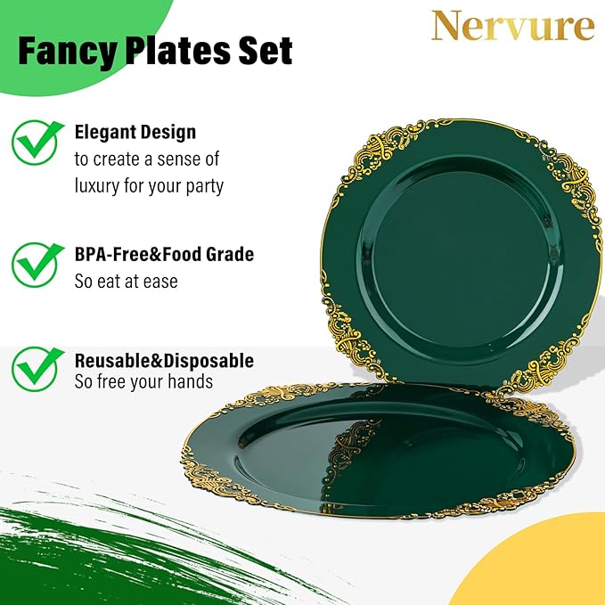 Nervure 175PCS Green Plastic Plates - Disposable Green Gold Party