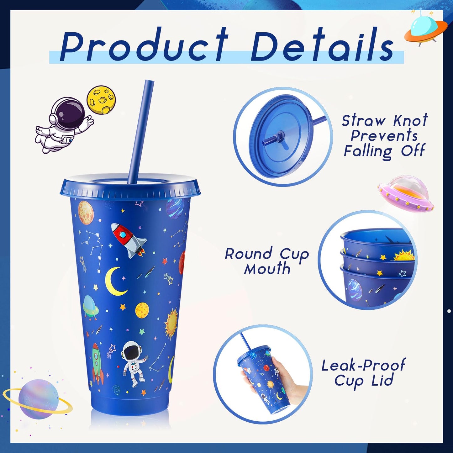 12 Pcs Space Party Plastic Cups with Lid and Straw 24 oz