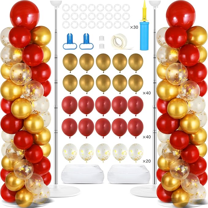 2 Sets Red Gold Balloon Column Stand Kit with 100 Balloons Adjustable