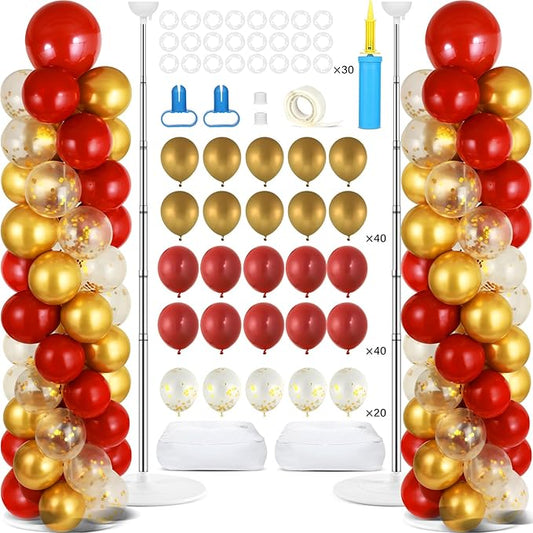 2 Sets Red Gold Balloon Column Stand Kit with 100 Balloons Adjustable