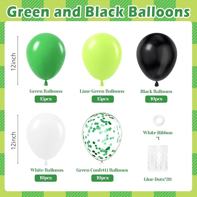 60pcs 12inch Green and Black Balloons, Black White Lime Green