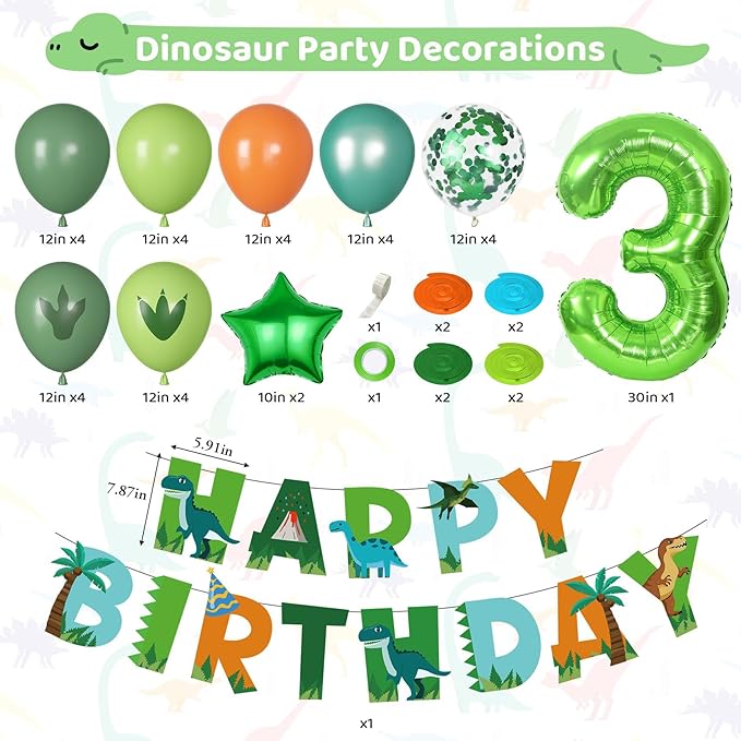Dinosaur 3rd Birthday Party Decorations for Boys Girl Foil Green