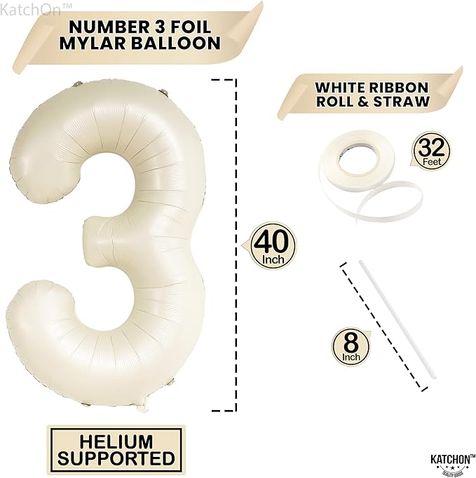 KatchOn, Cream White Number 3 Balloon Neutral - Giant, 40 Inch, Three
