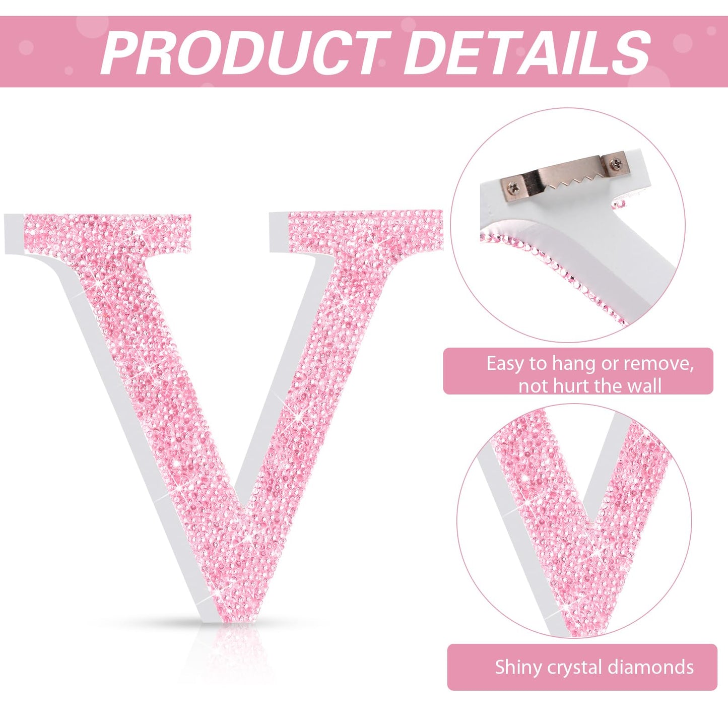 Qunclay Pink Crystal Diamond Letter Wall Decor, Glitter Wooden Bling