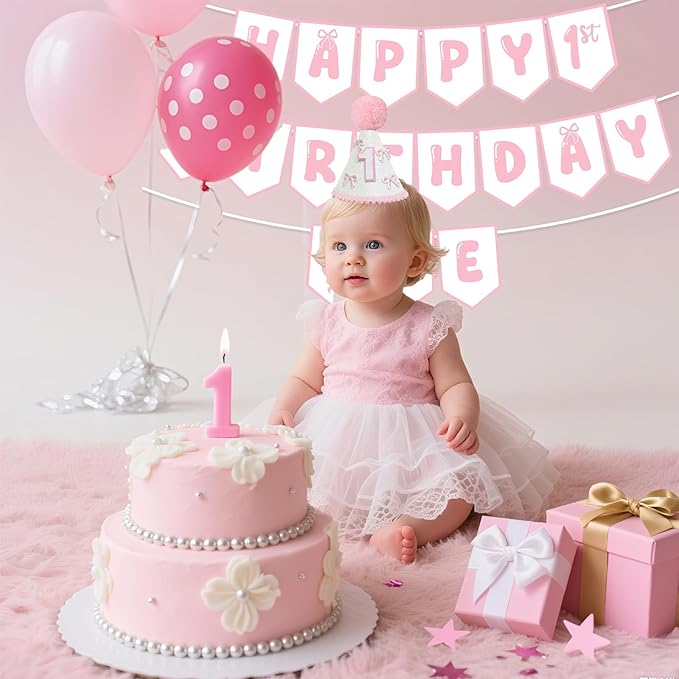 First Birthday Decorations for Girl Pink Bow One Birthday Hat and