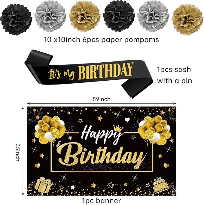 20Pcs Black and Gold Birthday Party Decorations Kit for Men Women