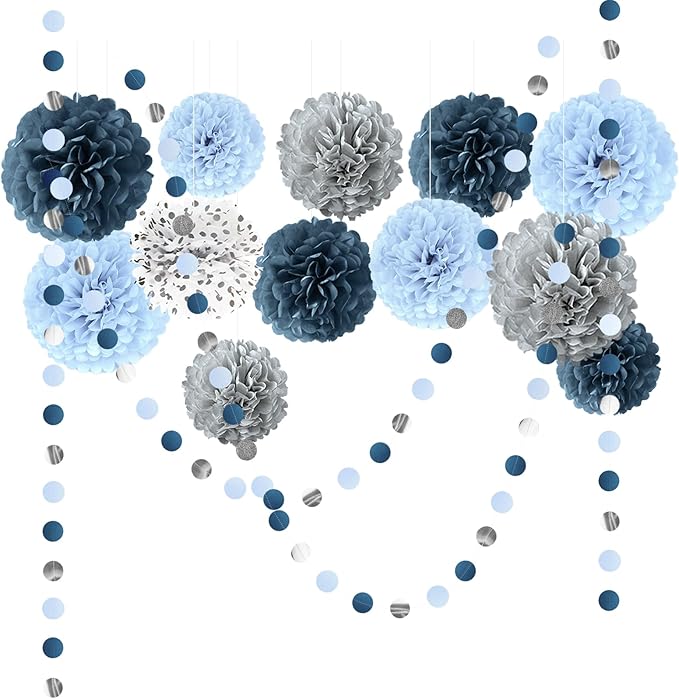 Dusty Blue Wedding Decorations 15 PCS Tissue Pom Poms Paper Garland