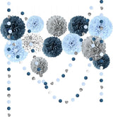 Dusty Blue Wedding Decorations 15 PCS Tissue Pom Poms Paper Garland