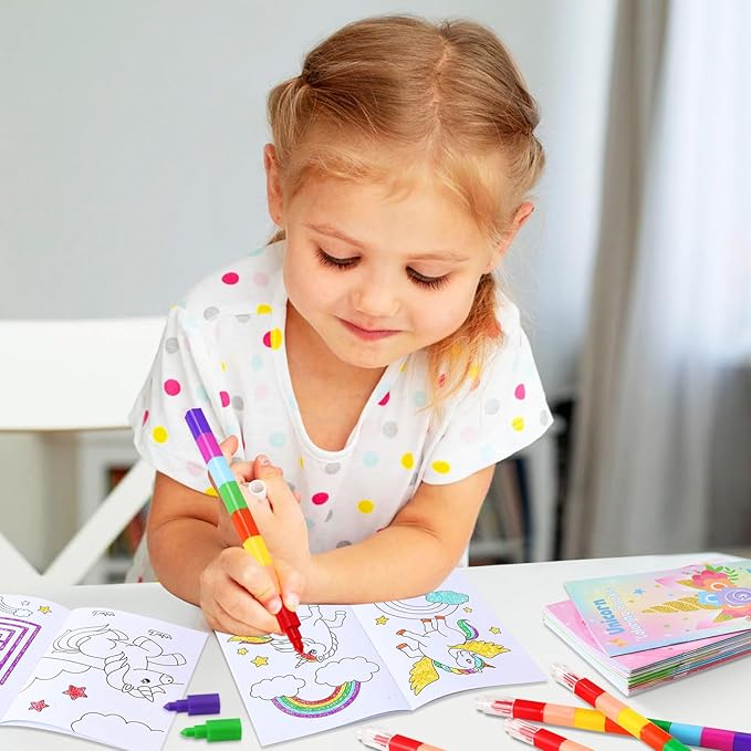 12 Unicorn Mini Coloring Books Kids with 12 Stacking Crayons Unicorn