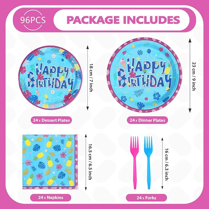 96Pcs Hawaiian Birthday Decorations Tropical Luau Blue Cartoon