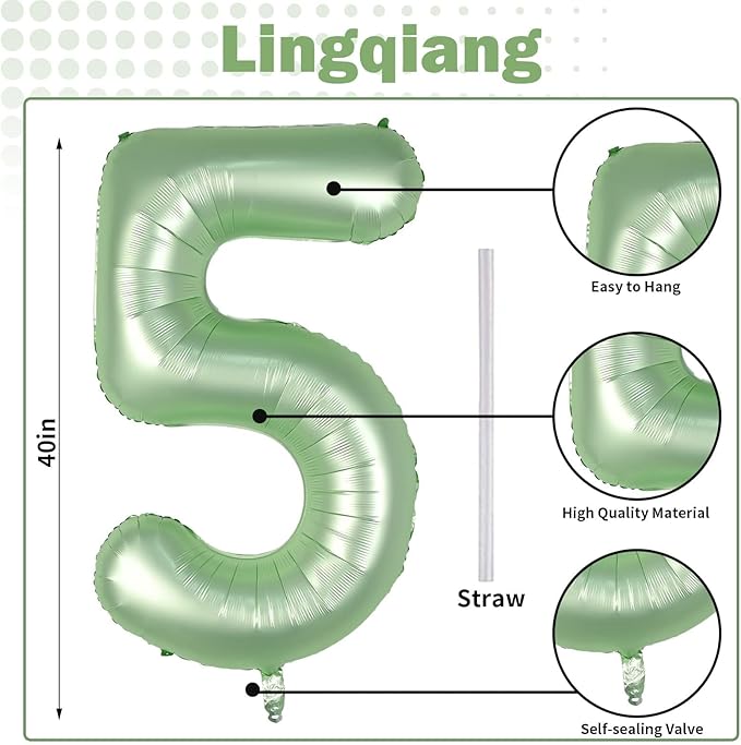 Sage Green 5 Balloons, 40" Giant Helium Foil Number 0-9 Olive Green