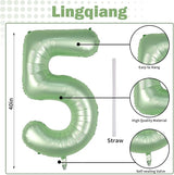 Sage Green 5 Balloons, 40" Giant Helium Foil Number 0-9 Olive Green