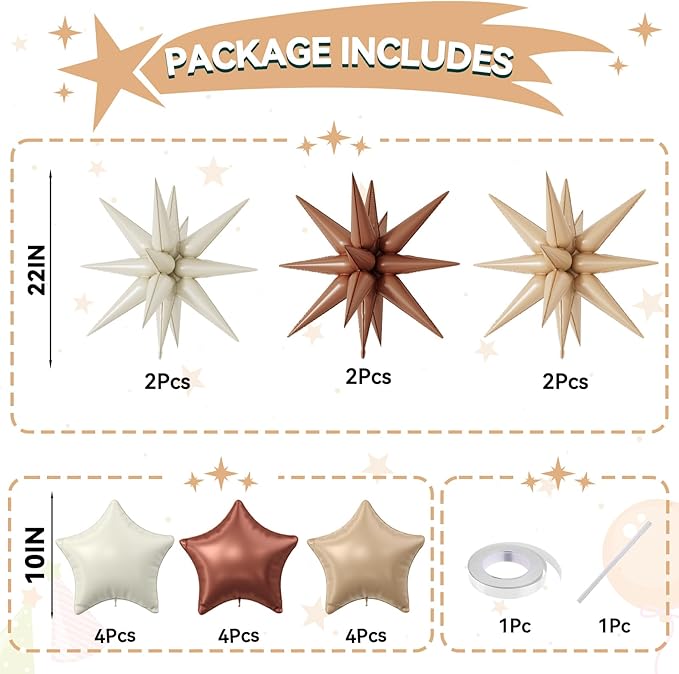 18 Pcs Cream Star Balloons, Caramel Brown Balloon with 6 Pcs 22-Inch