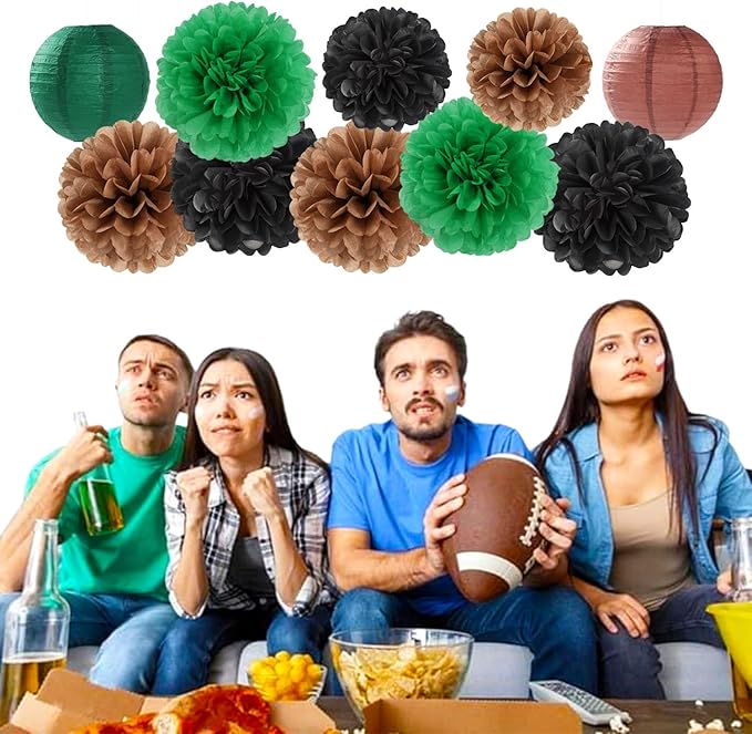 Football Party Decorations Paper Flowers 15pcs Green Brown Black