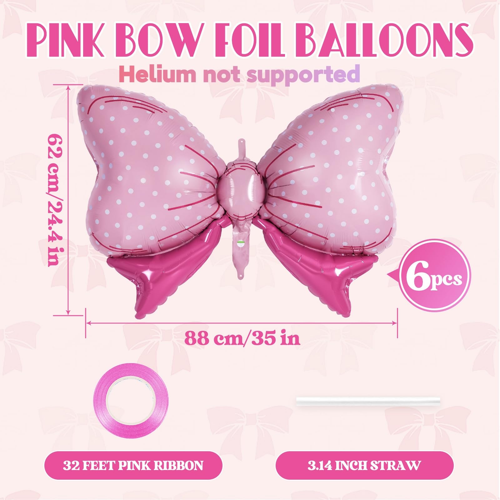 6 Pcs Pink Bow Balloons for Girls, 35 Inch Bow Foil Balloons,Bows
