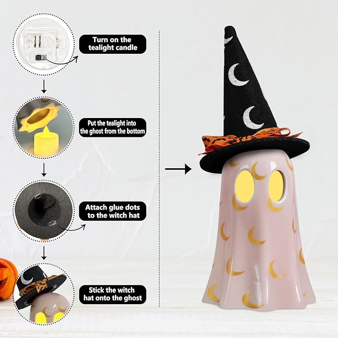 Halloween Decor Indoor Set of 3 Ceramic Ghosts with Witch Hats Cute