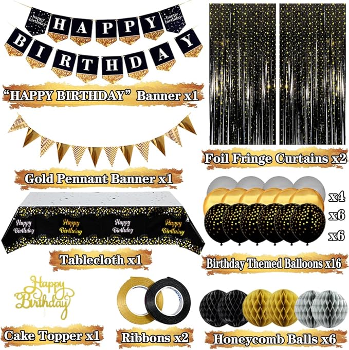 Black & Gold Party Decorations Happy Birthday Banner Balloons