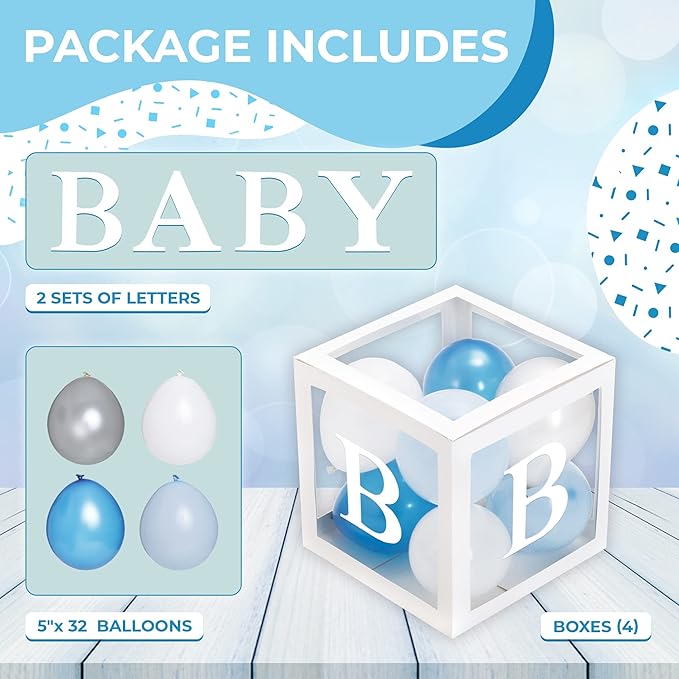 Baby Shower Boxes with Letters – White Boxes with Blue, Silver &