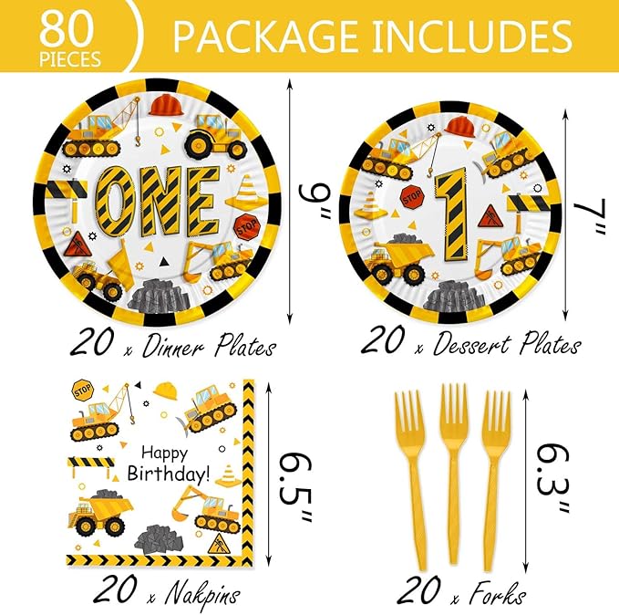 Letromp 80 Pcs Construction 1st Birthday Decorations Dump Truck One