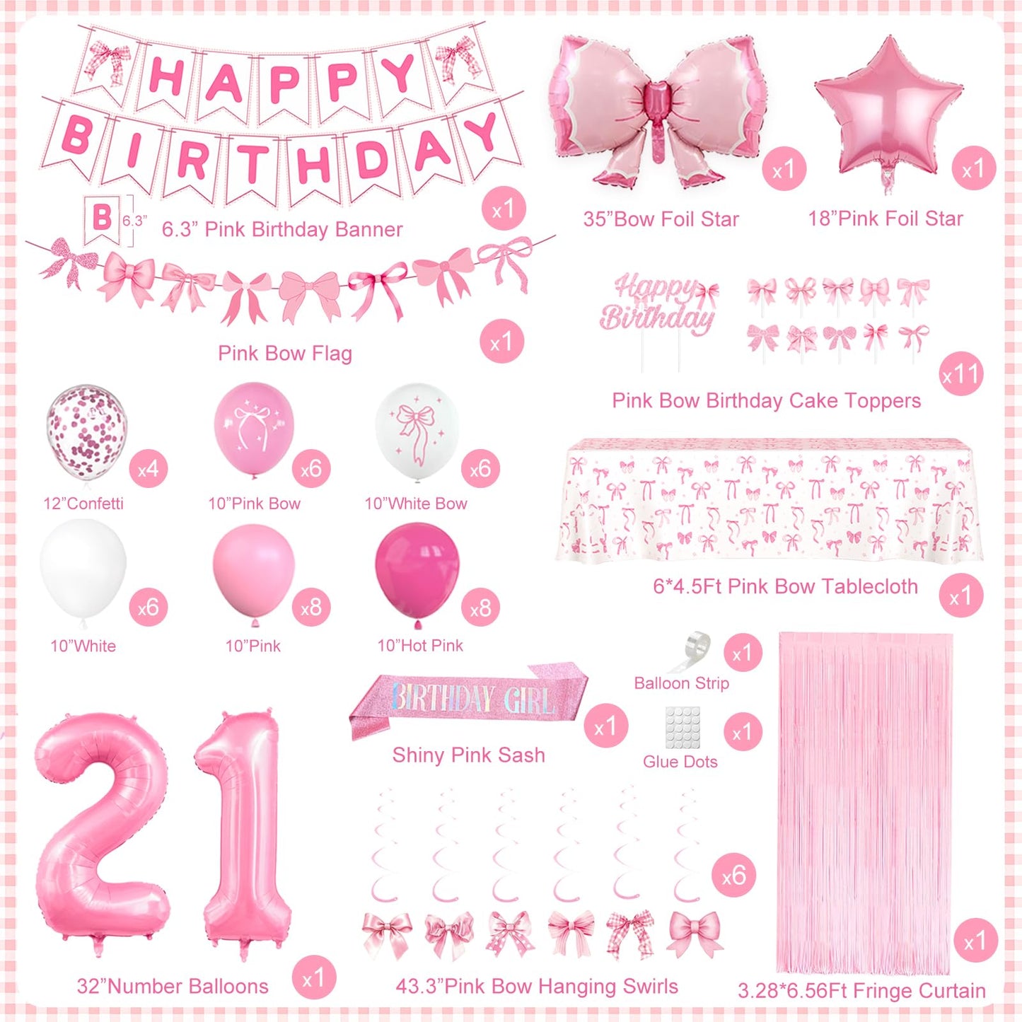 21st Pink Birthday Decorations for Women, Pink Bow Coquette Birthday