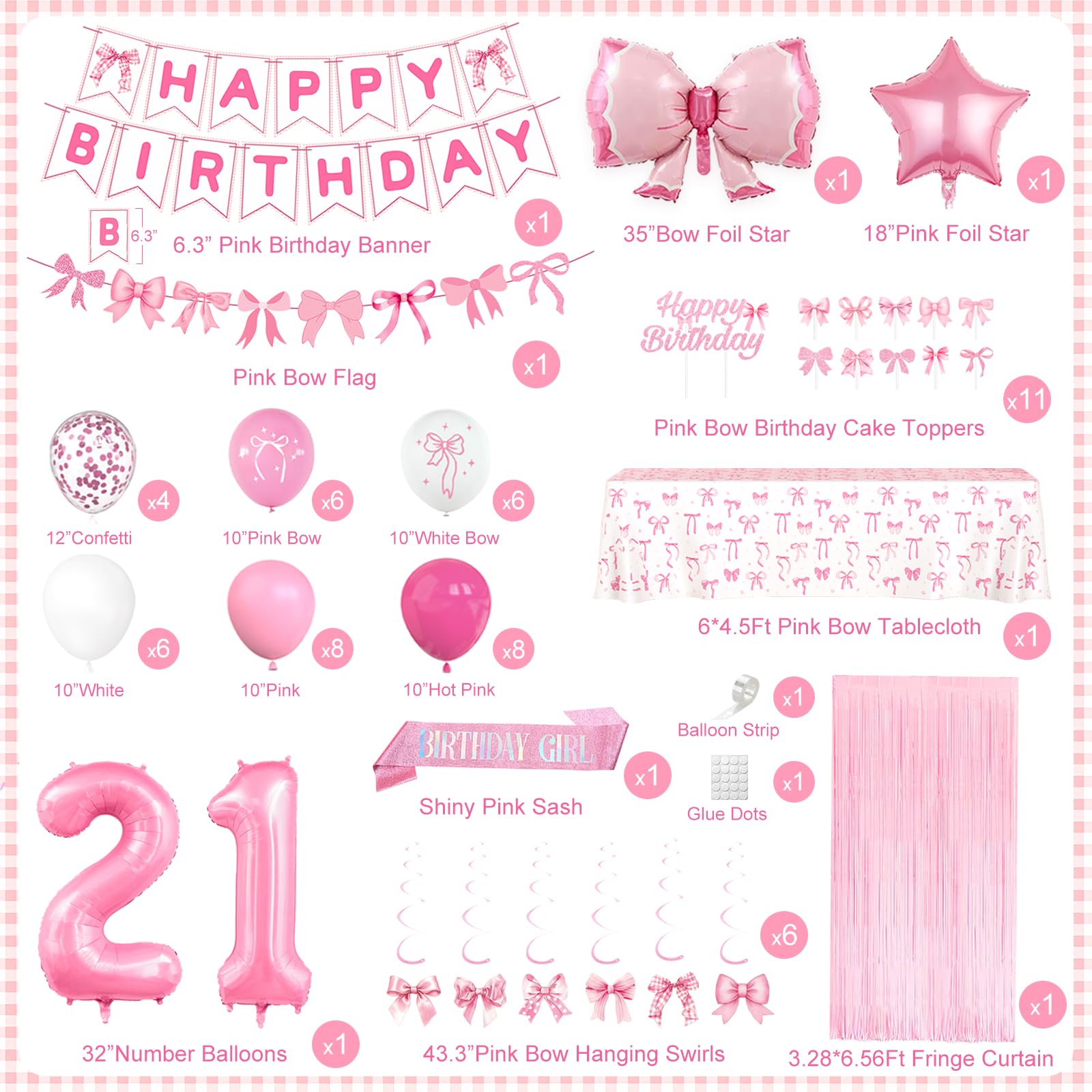 21st Pink Birthday Decorations for Women, Pink Bow Coquette Birthday