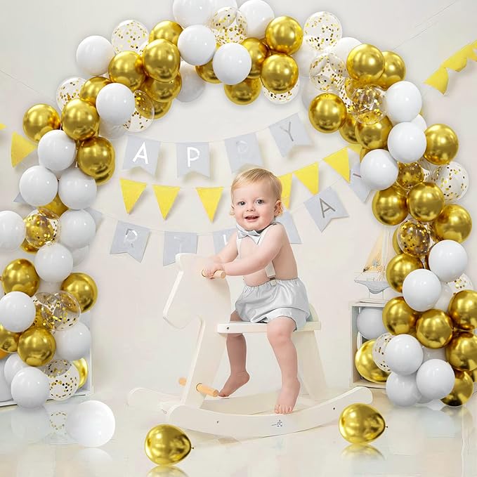 62pcs Gold White Balloons Kit - 12 Inches Gold White Confetti Party