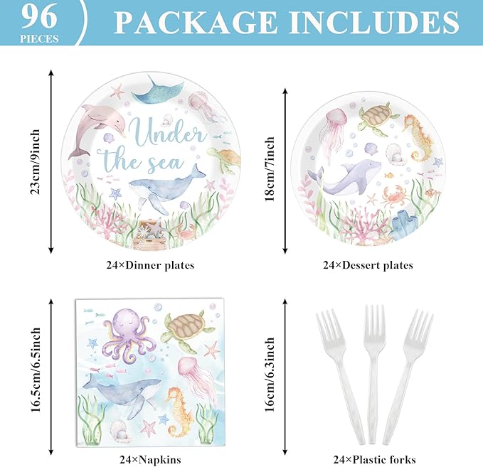 96 Pcs Under the Sea Party Decorations Ocean Plates and Napkins Sea
