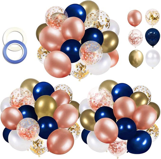 68 Pack Navy Blue Rose Gold Confetti Latex Balloons, 12 inch Birthday
