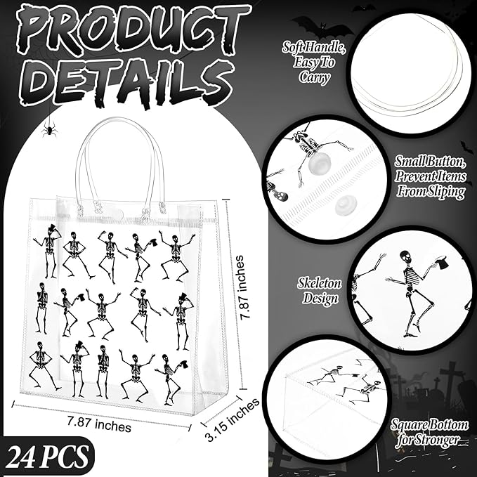 24 Pcs Halloween Clear Gift Bags Skeleton Plastic Bags with Handles