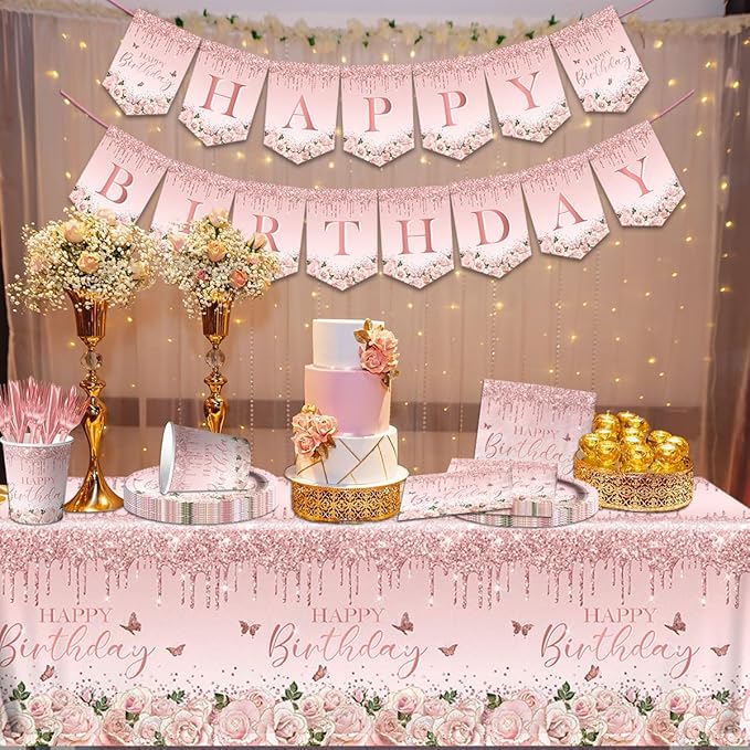 142Pcs Pink Rose Gold Birthday Party Supplies Pink Birthday Party