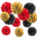 12pcs Black,Red and Gold Paper Pom Poms,Hanging Ceiling Tissue