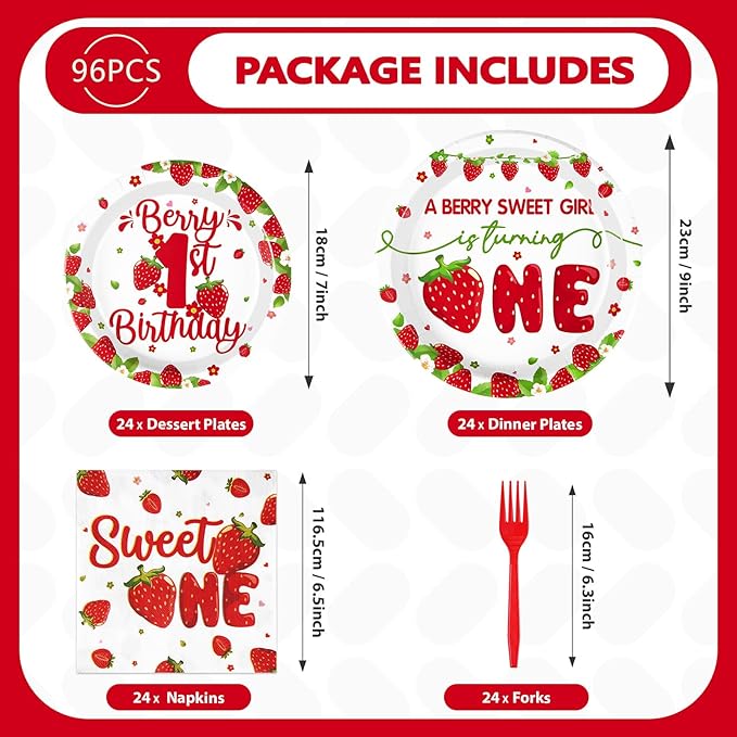 96Pcs Strawberry 1st Birthday Decorations for Girls Berry First