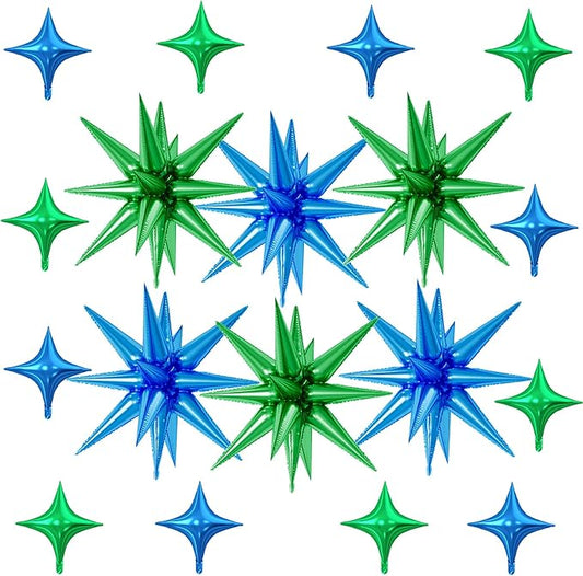 18 Pcs Green Blue Star Balloons, Blue and Green Balloon with 6 Pcs
