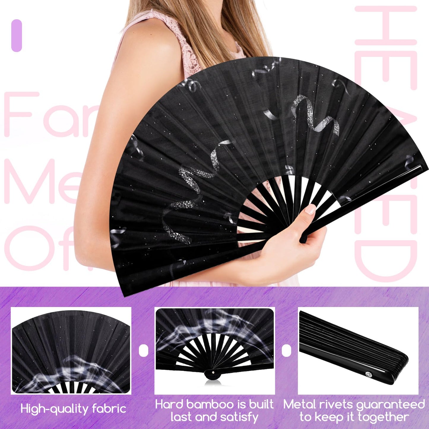 FairySandy 6 Pcs Large Hand Fan Rave Iconic Shade Bye Folding Bamboo