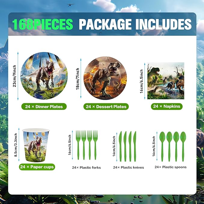 168pcs Dinosaur Party Supplies Dino Plates Napkins Disposable