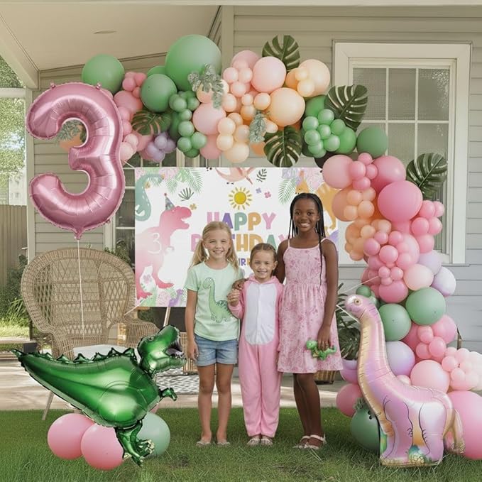 Dinosaur Balloon Garland Arch Kit Pastel Pink green and purple with