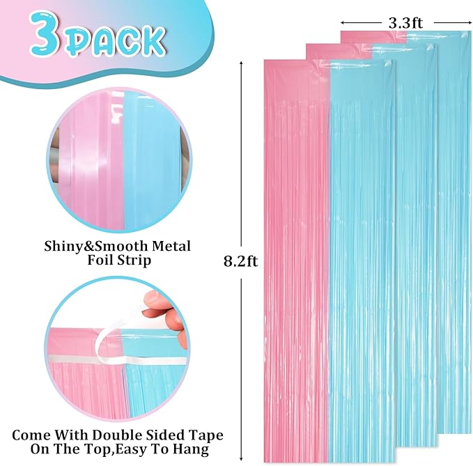 Voircoloria 3 Pack 3.3 x 8.2 ft Pastel Blue and Pink Foil Fringe