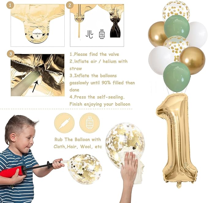 1st Birthday Decorations for Boys Girls Sage Green White Gold