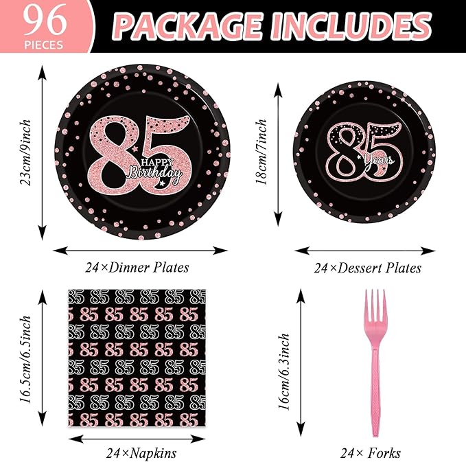 96 Pieces 85th Birthday Party Plates Rose Gold Cheers to 85 Years