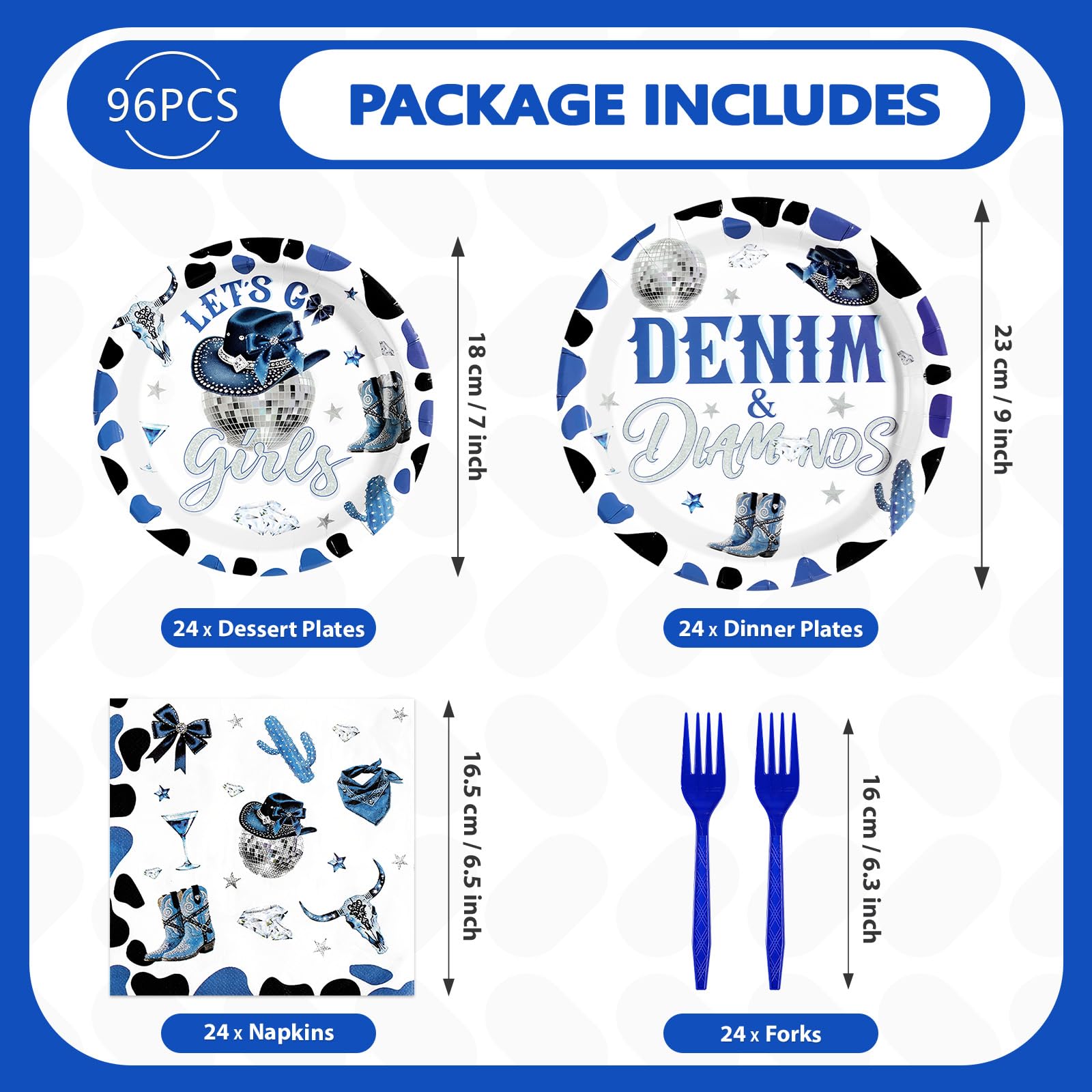 96Pcs Denim and Diamonds Party Decorations Blue Western Disco Cowgirls