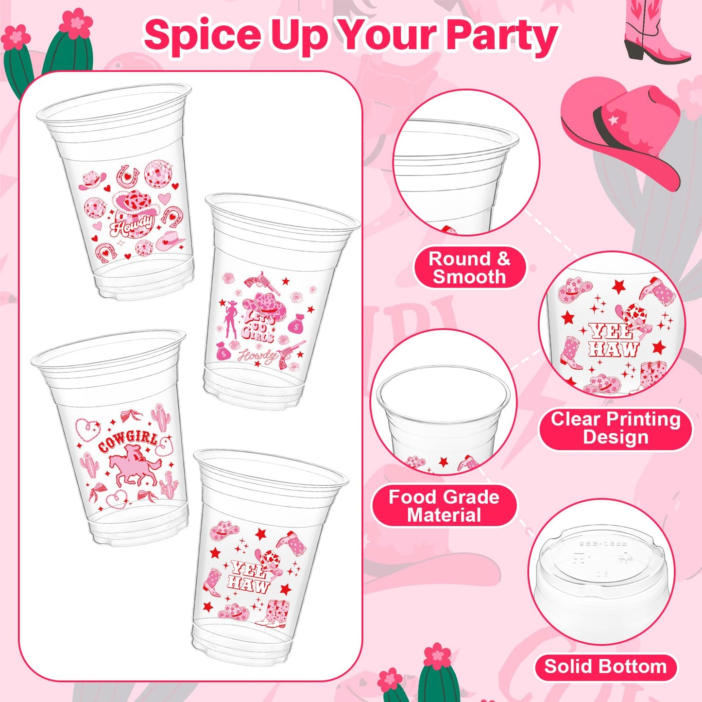 Geyoga 100 Pcs Western Cowgirl Plastic Cups 16 oz Pink Cowgirl