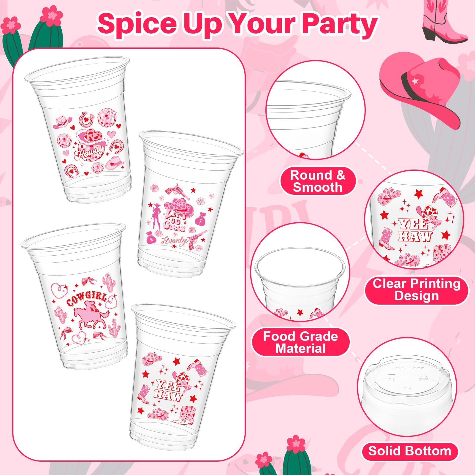 Geyoga 100 Pcs Western Cowgirl Plastic Cups 16 oz Pink Cowgirl