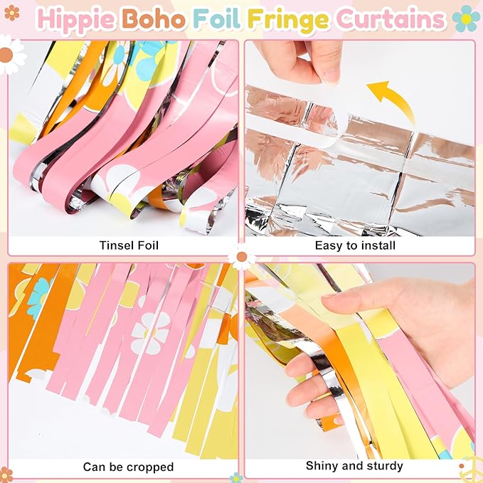 95 Pcs Hippie Boho Party Decorations Set Two Groovy Foil Fringe
