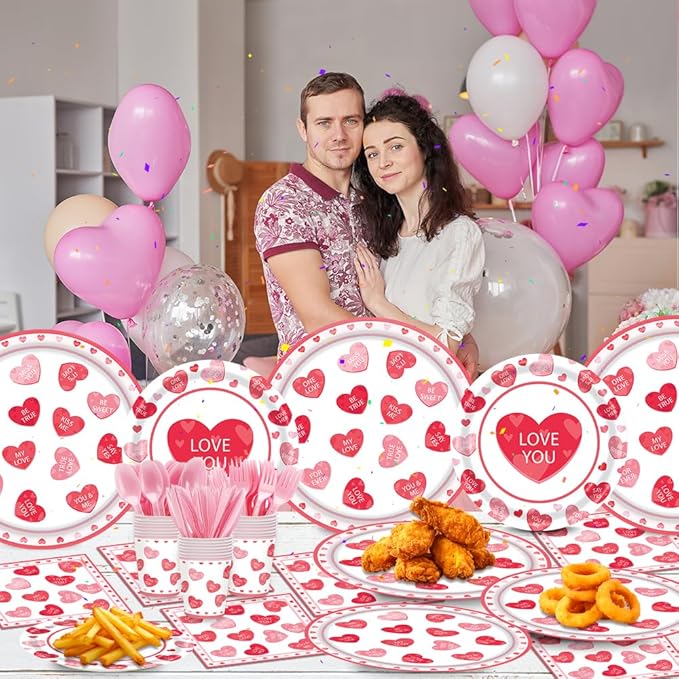 140Pcs Pink Heart Valentine's Day Party Supplies Love You Plates and