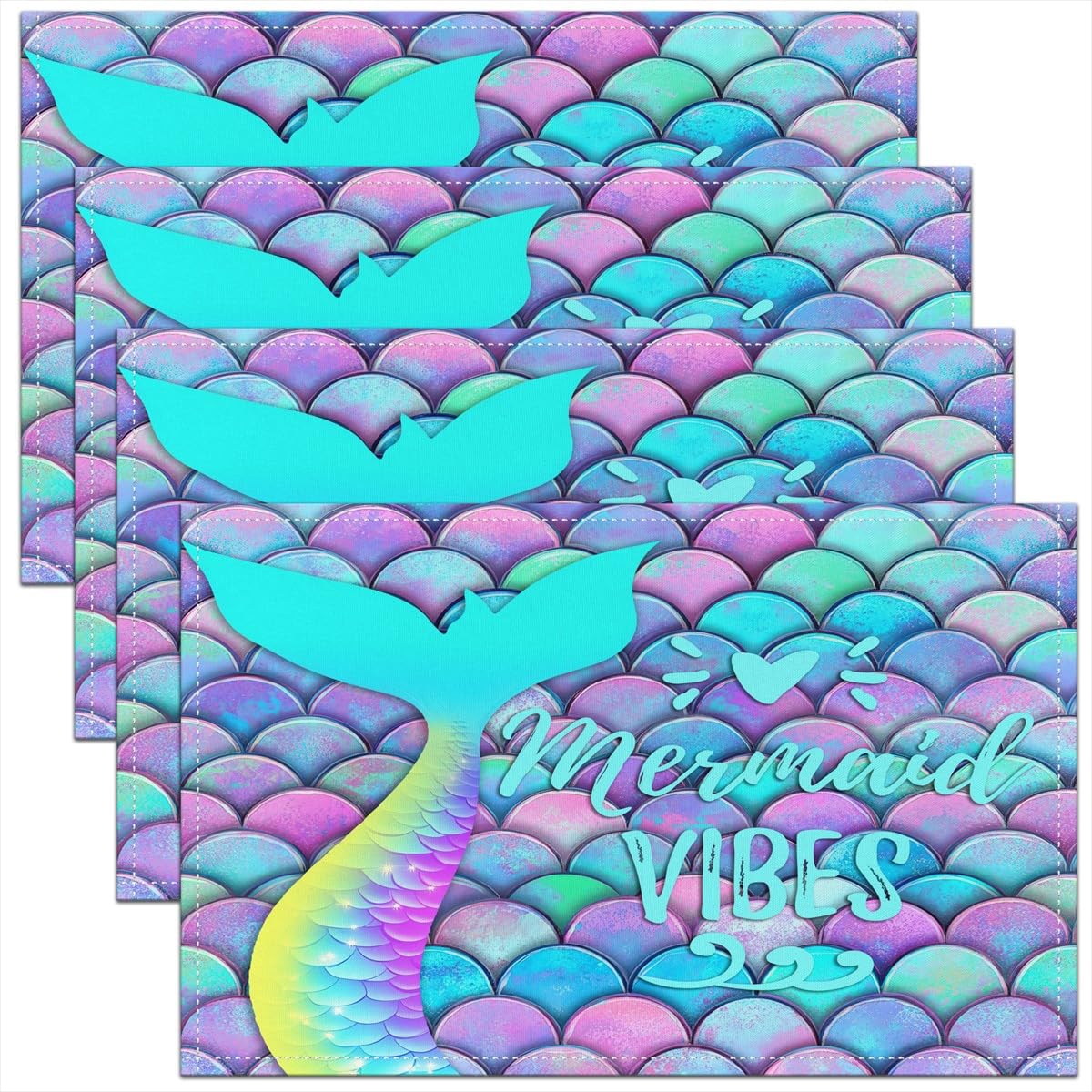 Mermaid Place Mats, Fish Scales Wipeable Placemats for Indoor Outdoor