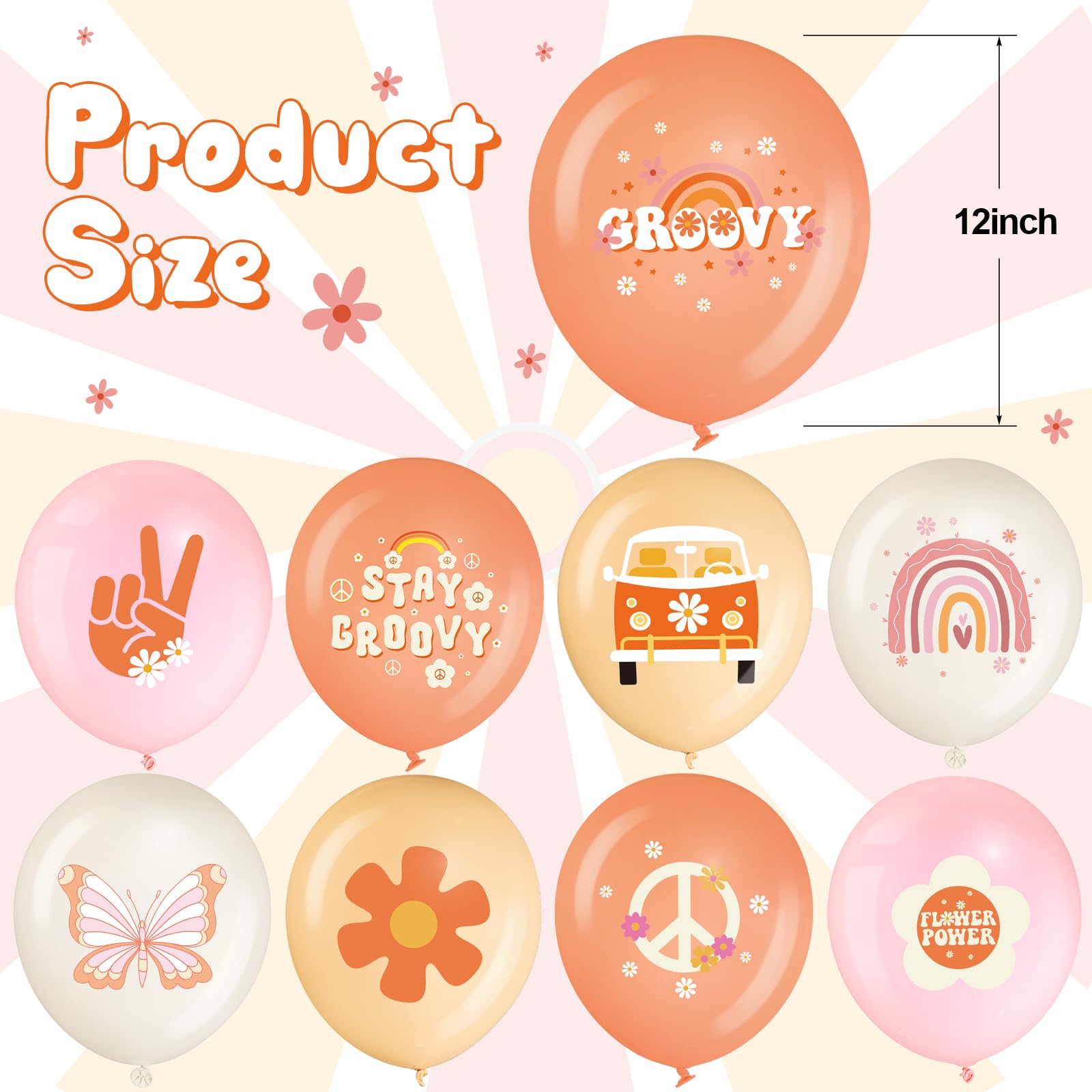 Hiboom 72 Pcs Groovy Retro Hippie Balloons Boho Peace Party Decor 12