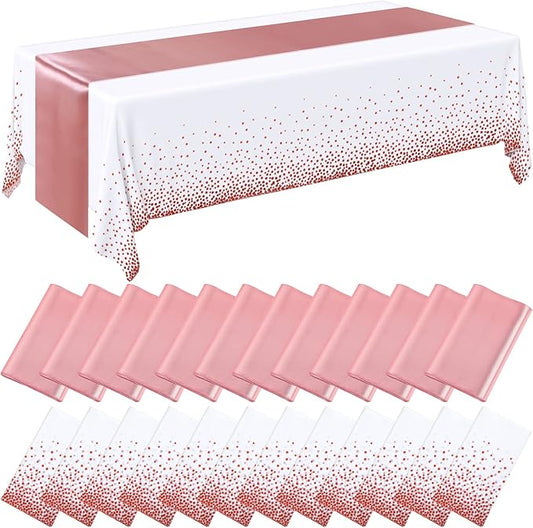 Breling 24 Packs White and Rose Gold Disposable Plastic Tablecloths